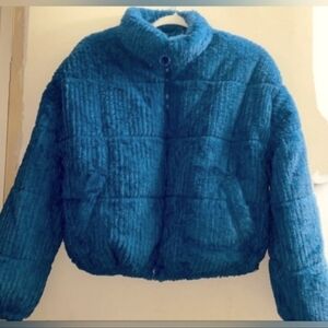 Faux Fur Blue Bomber Puffer Women's Jacket